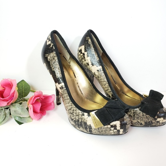 Guess Shoes - Guess Leather Snakeskin Heels w/ Bow, 8